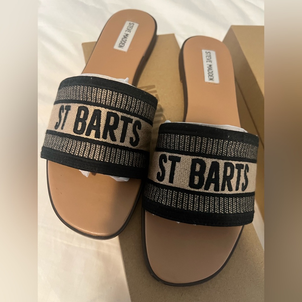 Steve Madden Black and Tan Sandals St Barts, Size 10